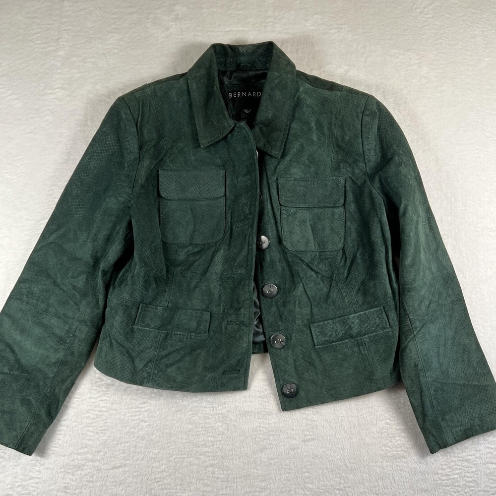Bernardo Leather Jacket Womens Petite PM Green Suede Button‎ Front Short Cropped